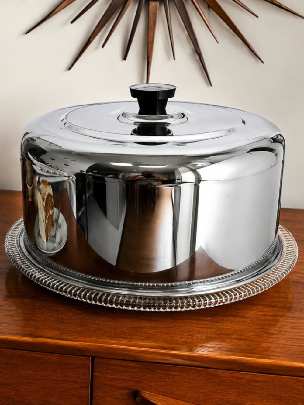 Vintage Chrome Cake Keeper Glass Platter MCM Retro Cake Dome 12.25”